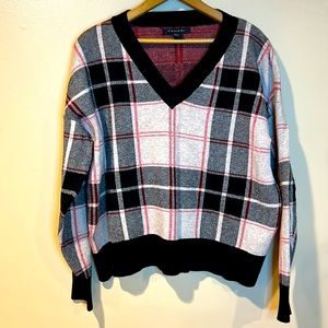 Plaid V-Neck Sweater - Black, Gray, Red